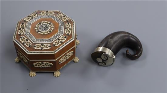 A Scottish EP mounted rams horn snuff mull and a 19th century Southern Indian sandalwood and ivory box